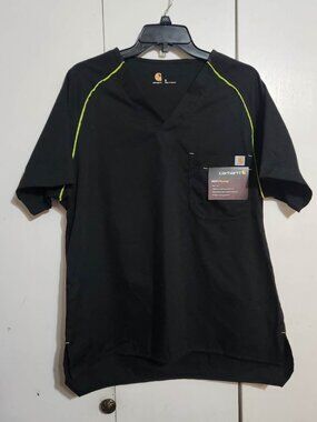 Carhartt Men’s Scrub Top Small S Black Neon Green Ripstop V-Neck Medical NWT